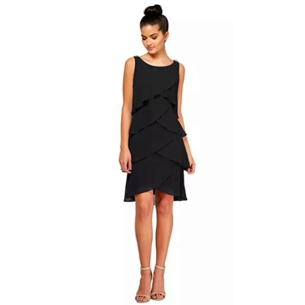 💠 SLNY Scoop Black Layered Chiffon Tiered Formal Dress Graduation Cocktail Sz 8